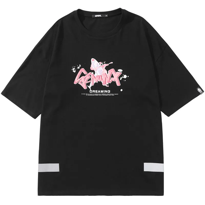 Graffiti Airplane Letter Splash Ink Print T-Shirt With Reflective Hem