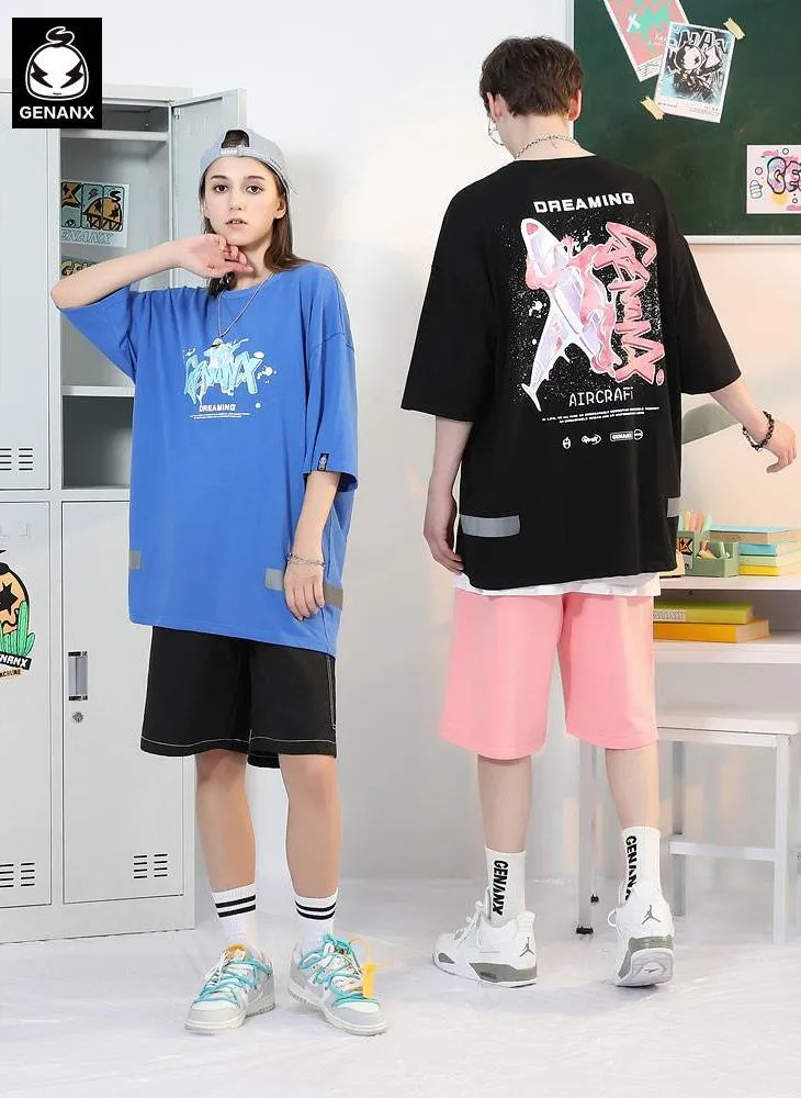 Graffiti Airplane Letter Splash Ink Print T-Shirt With Reflective Hem
