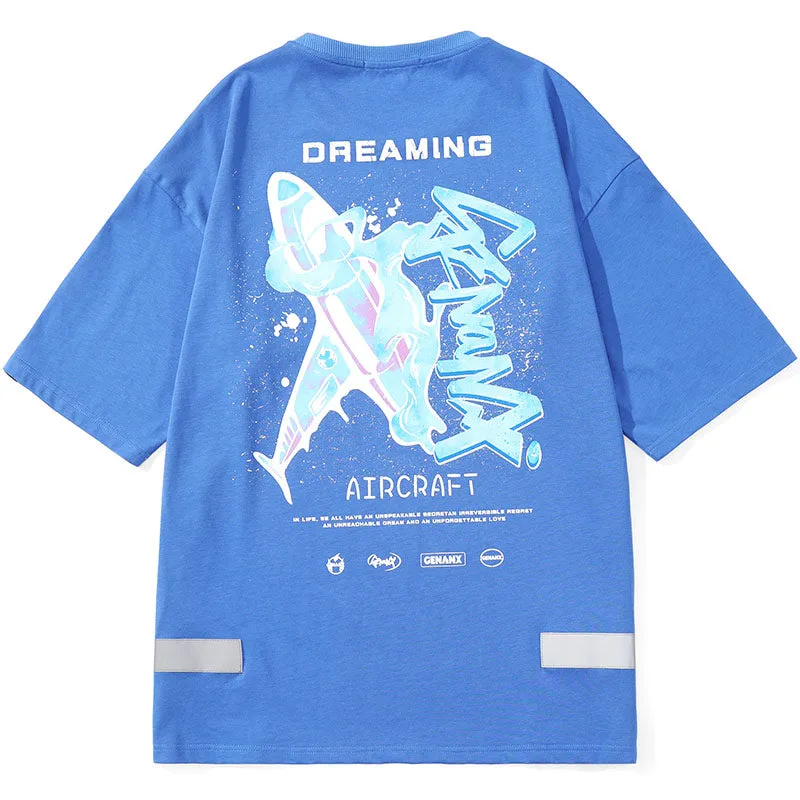 Graffiti Airplane Letter Splash Ink Print T-Shirt With Reflective Hem
