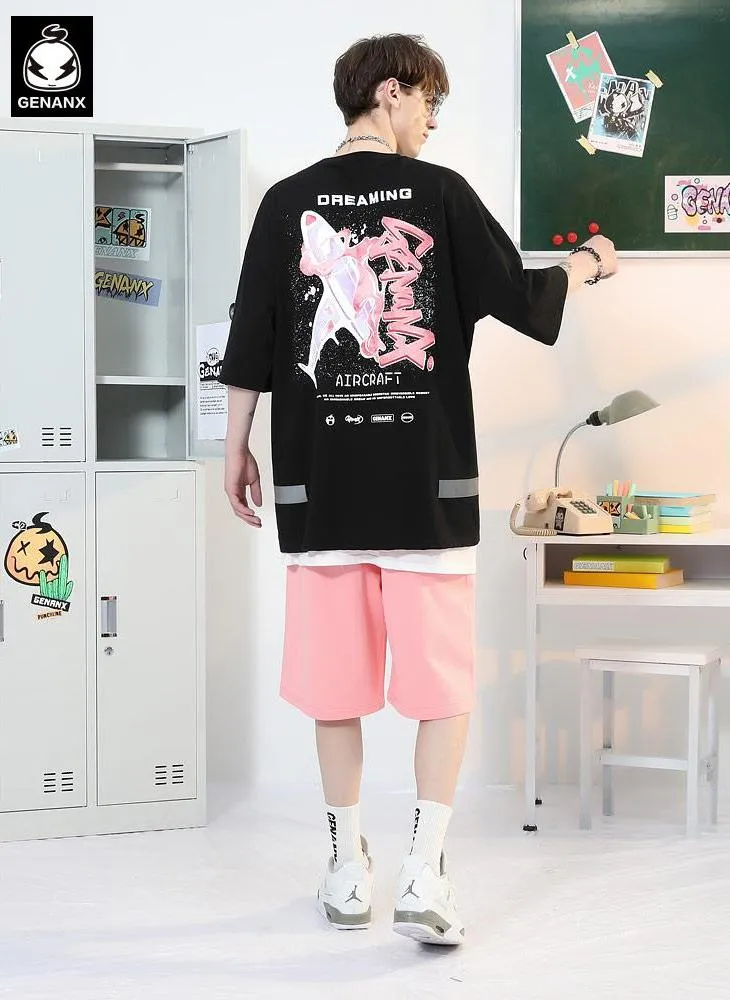 Graffiti Airplane Letter Splash Ink Print T-Shirt With Reflective Hem