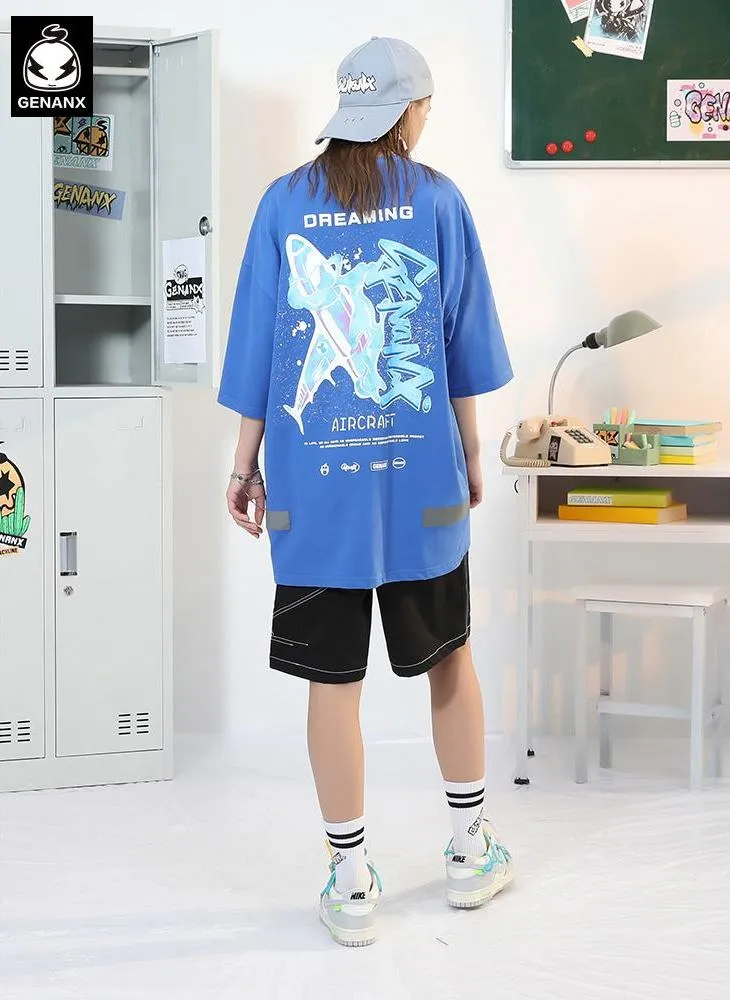Graffiti Airplane Letter Splash Ink Print T-Shirt With Reflective Hem