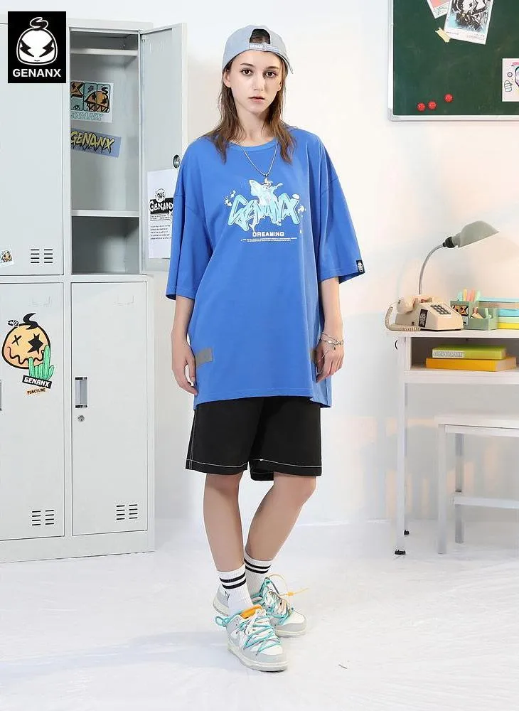 Graffiti Airplane Letter Splash Ink Print T-Shirt With Reflective Hem