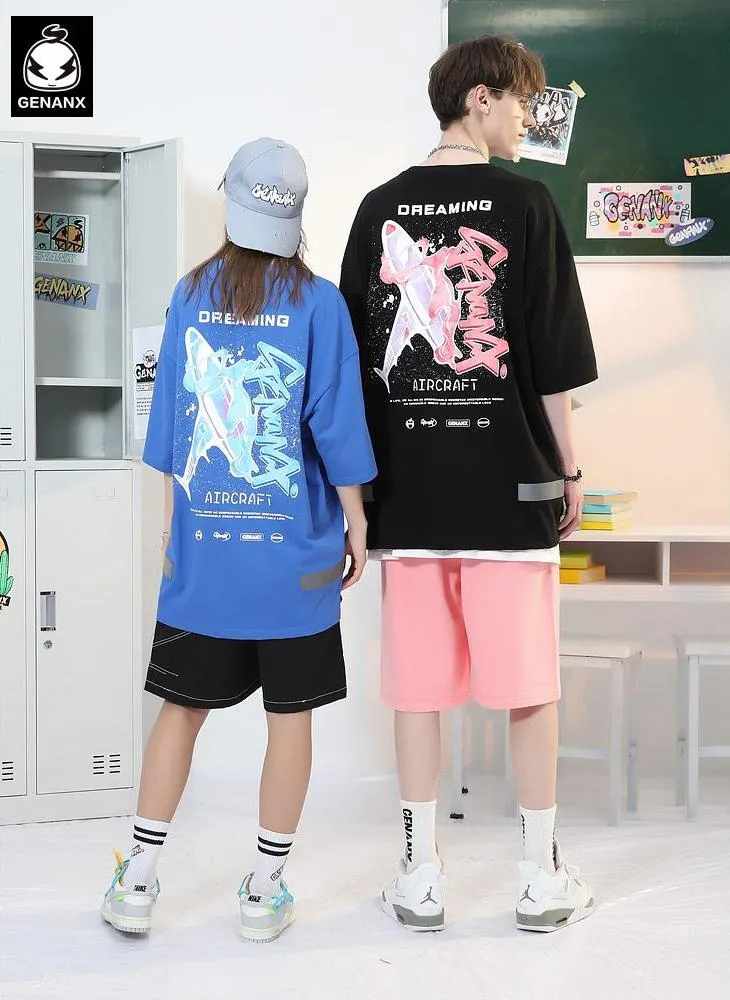 Graffiti Airplane Letter Splash Ink Print T-Shirt With Reflective Hem
