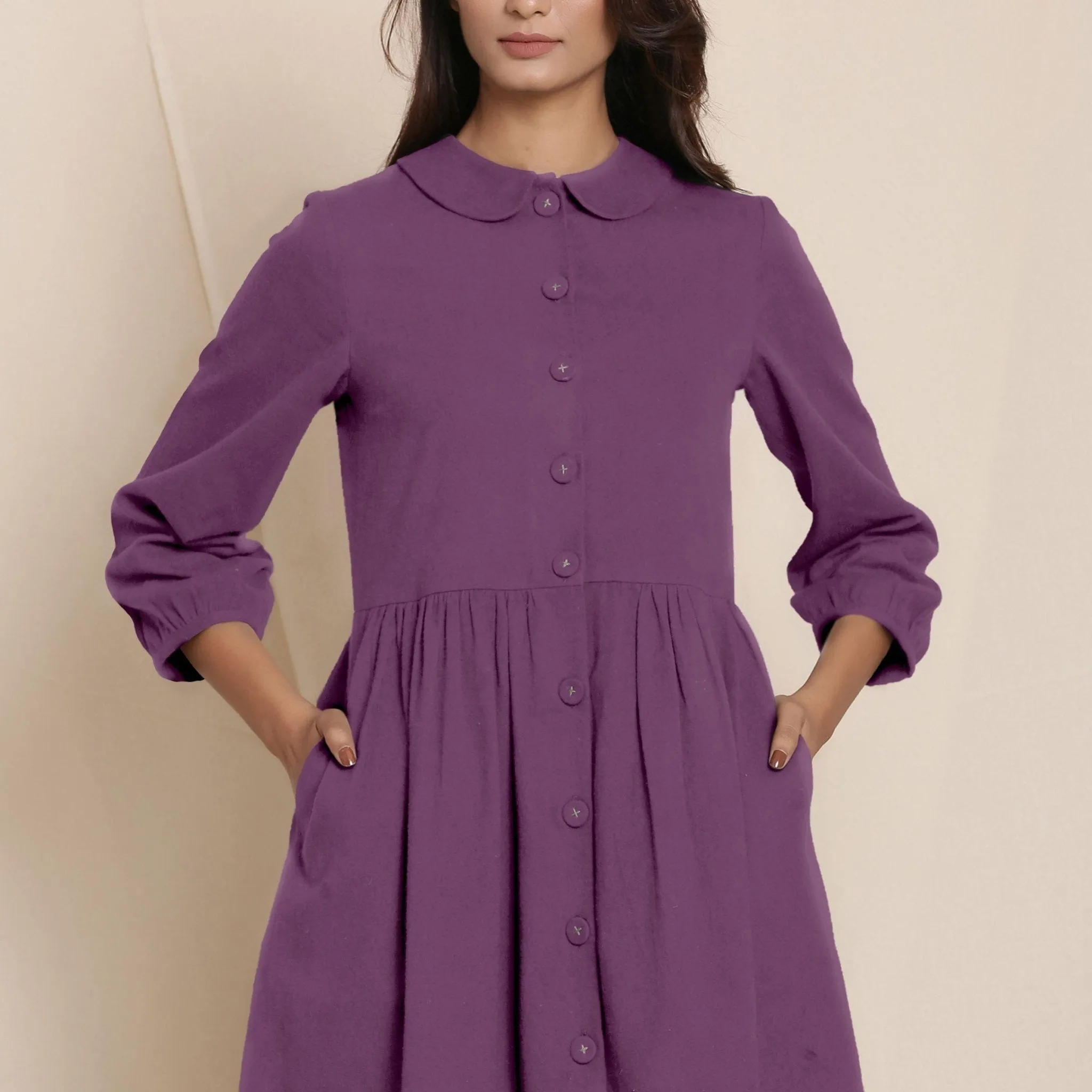 Grape Wine Warm Cotton Flannel Peter Pan Midi Dress