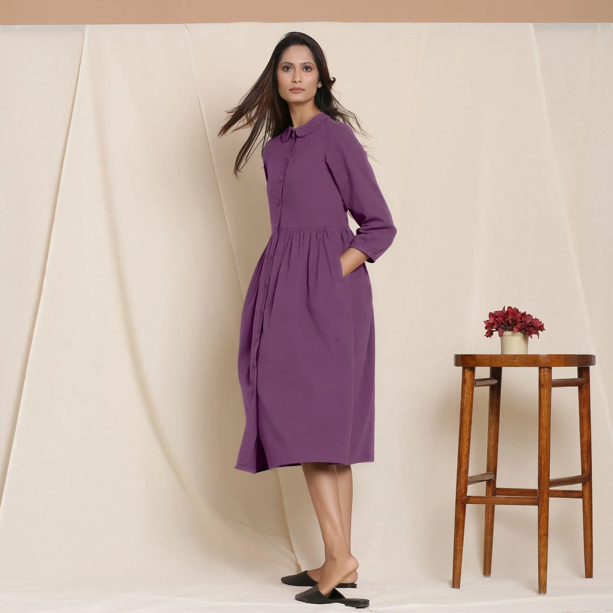 Grape Wine Warm Cotton Flannel Peter Pan Midi Dress