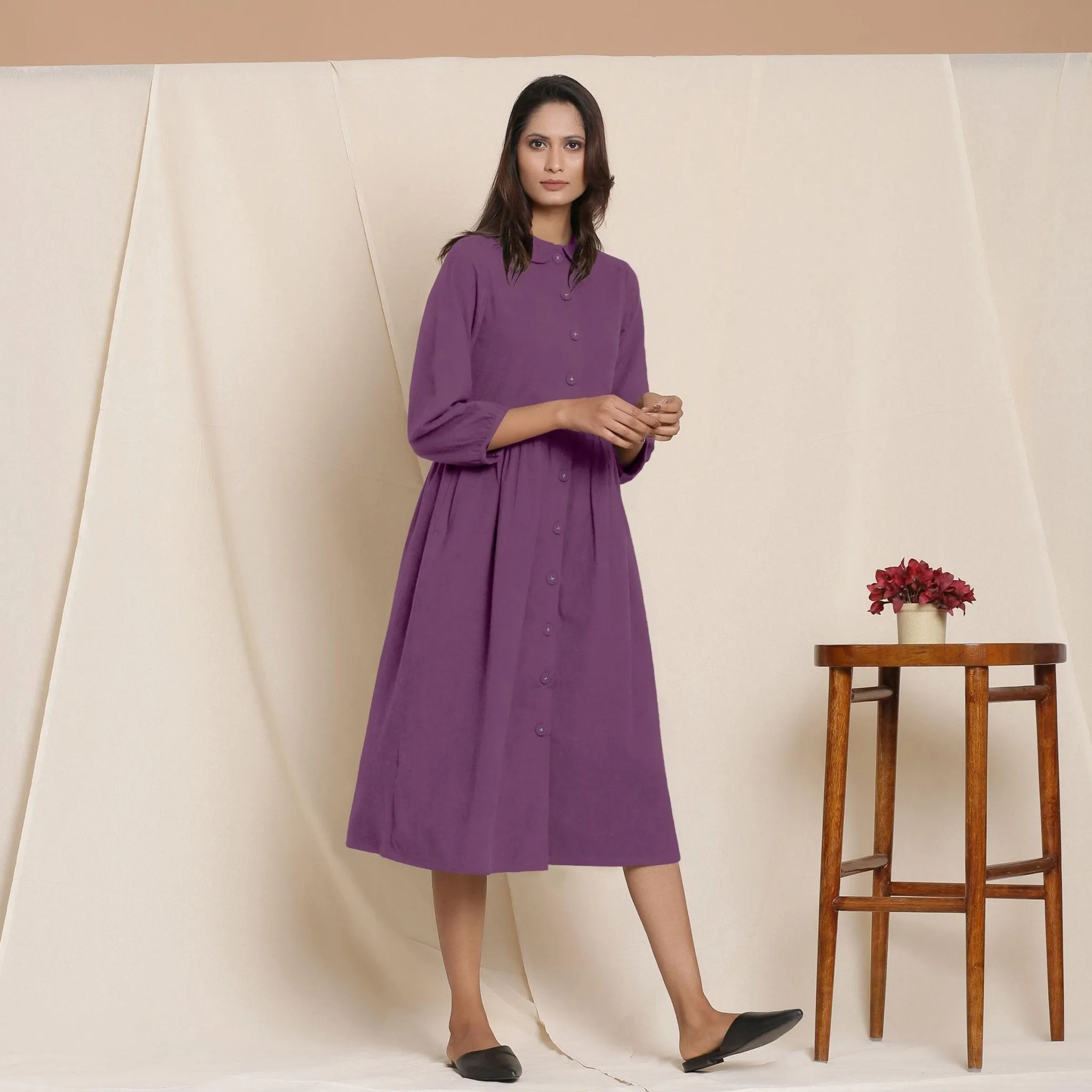 Grape Wine Warm Cotton Flannel Peter Pan Midi Dress