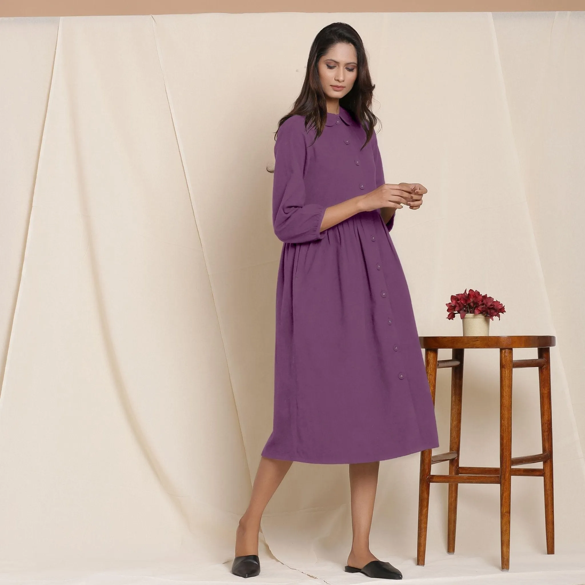 Grape Wine Warm Cotton Flannel Peter Pan Midi Dress