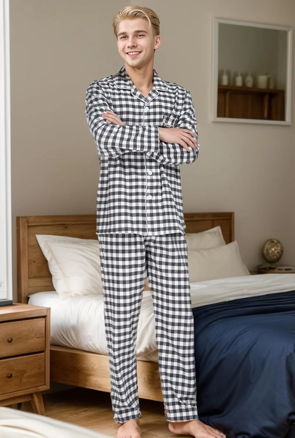 JSTEX Fannel Pajamas for Men 100% Cotton Pajama Set Long Sleeve Button Down Men's Sleepwear Soft Mens Pjs Set