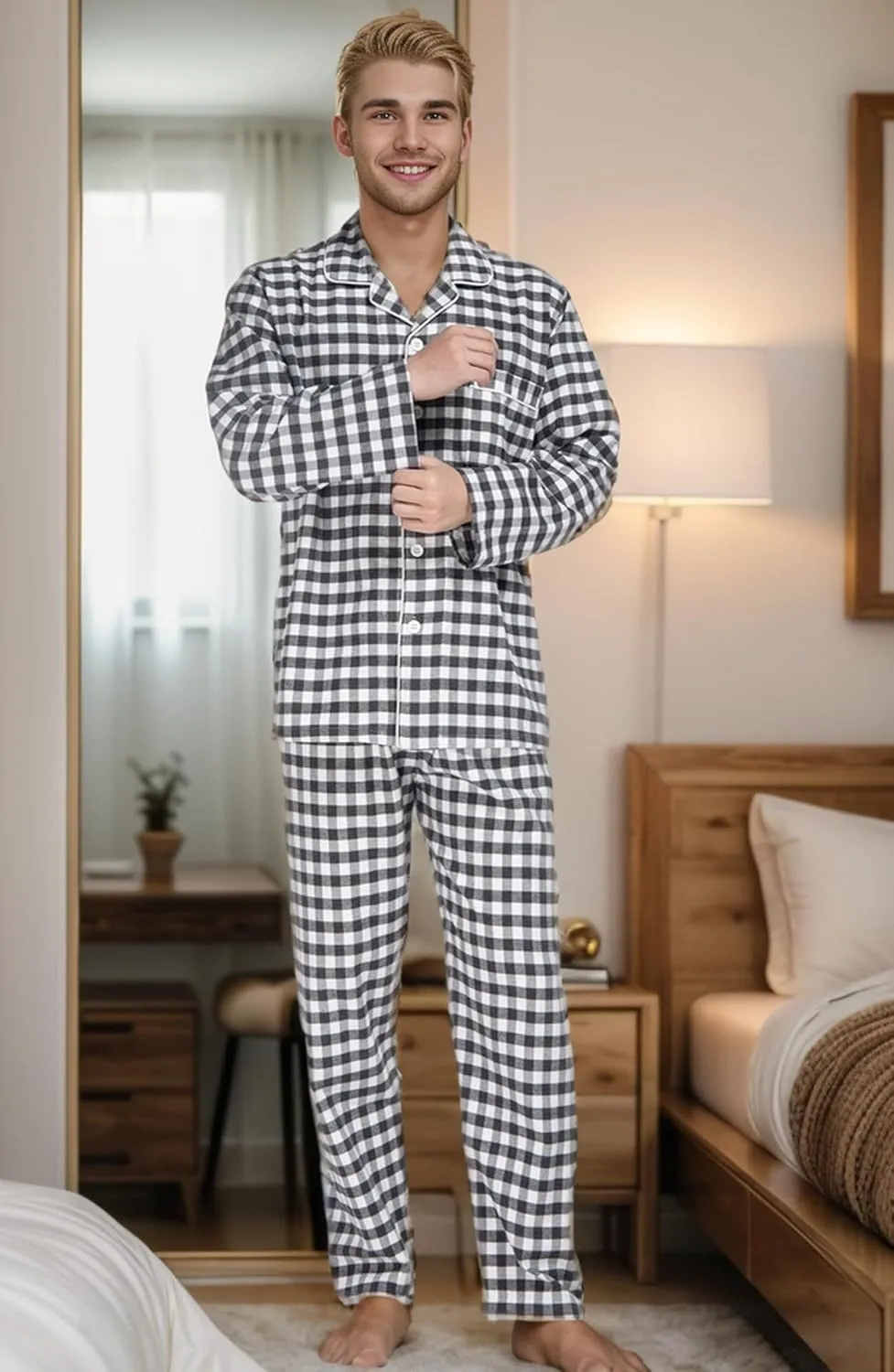 JSTEX Fannel Pajamas for Men 100% Cotton Pajama Set Long Sleeve Button Down Men's Sleepwear Soft Mens Pjs Set
