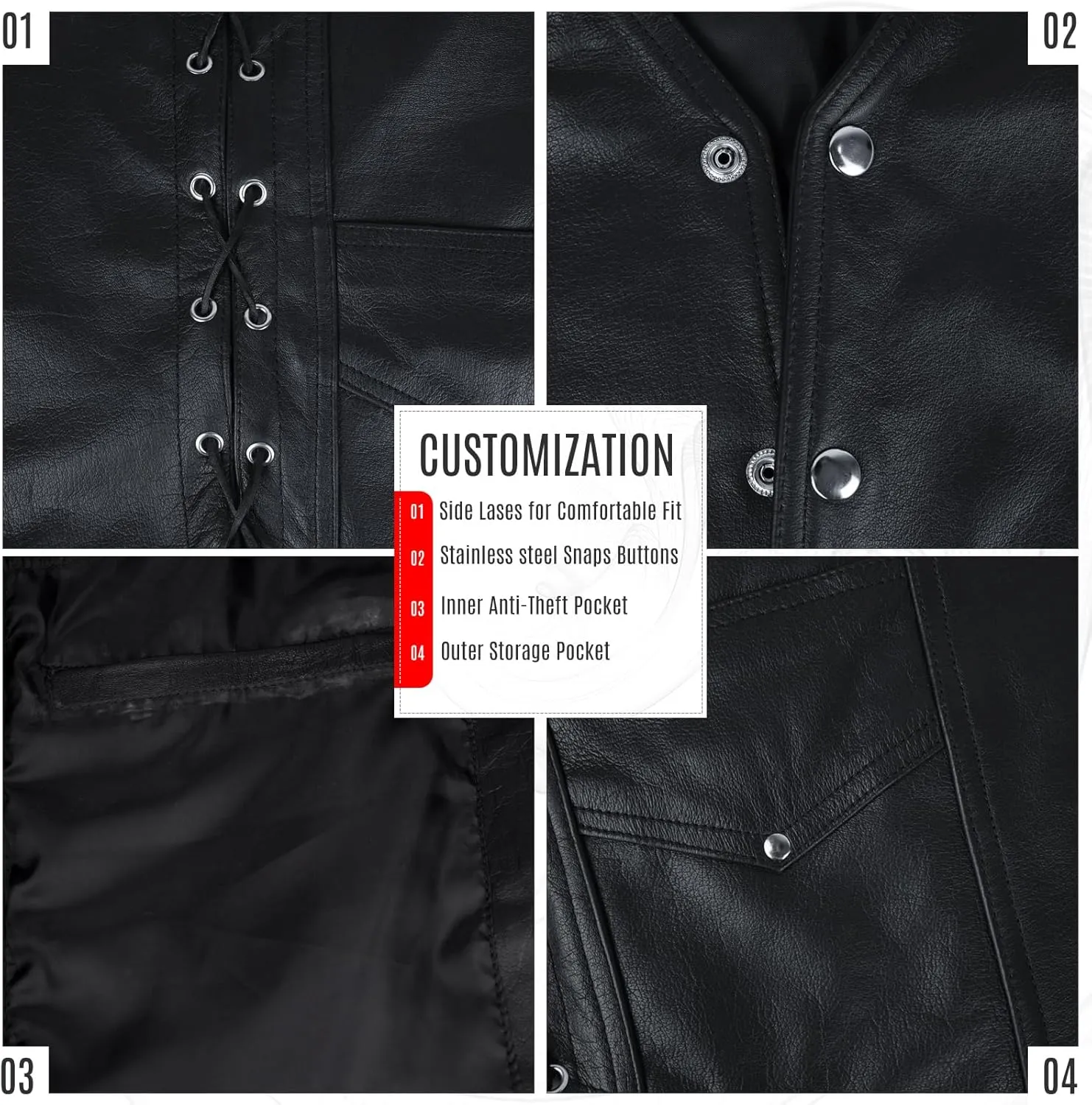 Leather Biker Vest for Men & women with Perfect Fit, Side Laces & Snaps, Inner Anti-Theft Pocket, Outer Storage Pocket