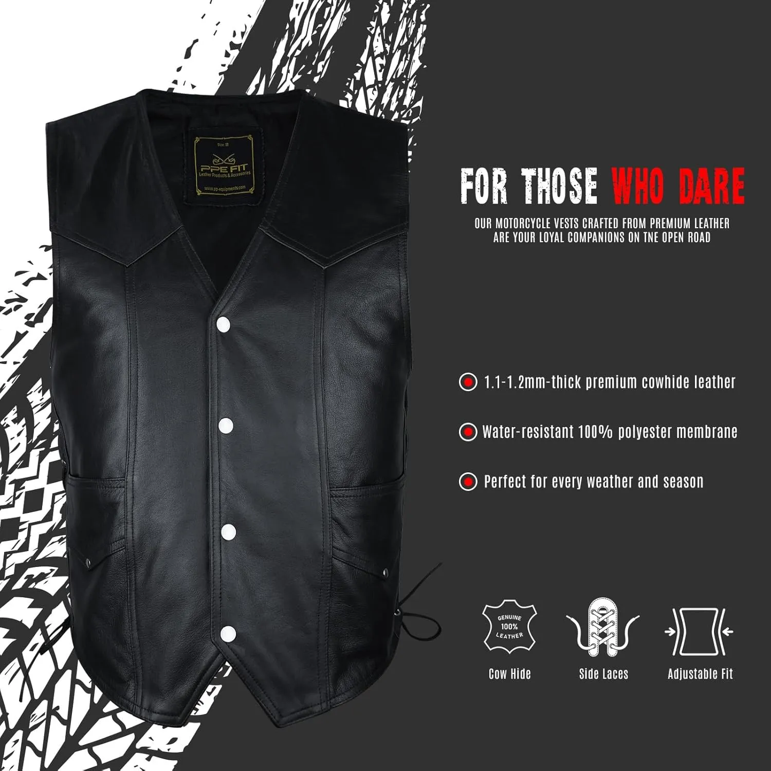 Leather Biker Vest for Men & women with Perfect Fit, Side Laces & Snaps, Inner Anti-Theft Pocket, Outer Storage Pocket