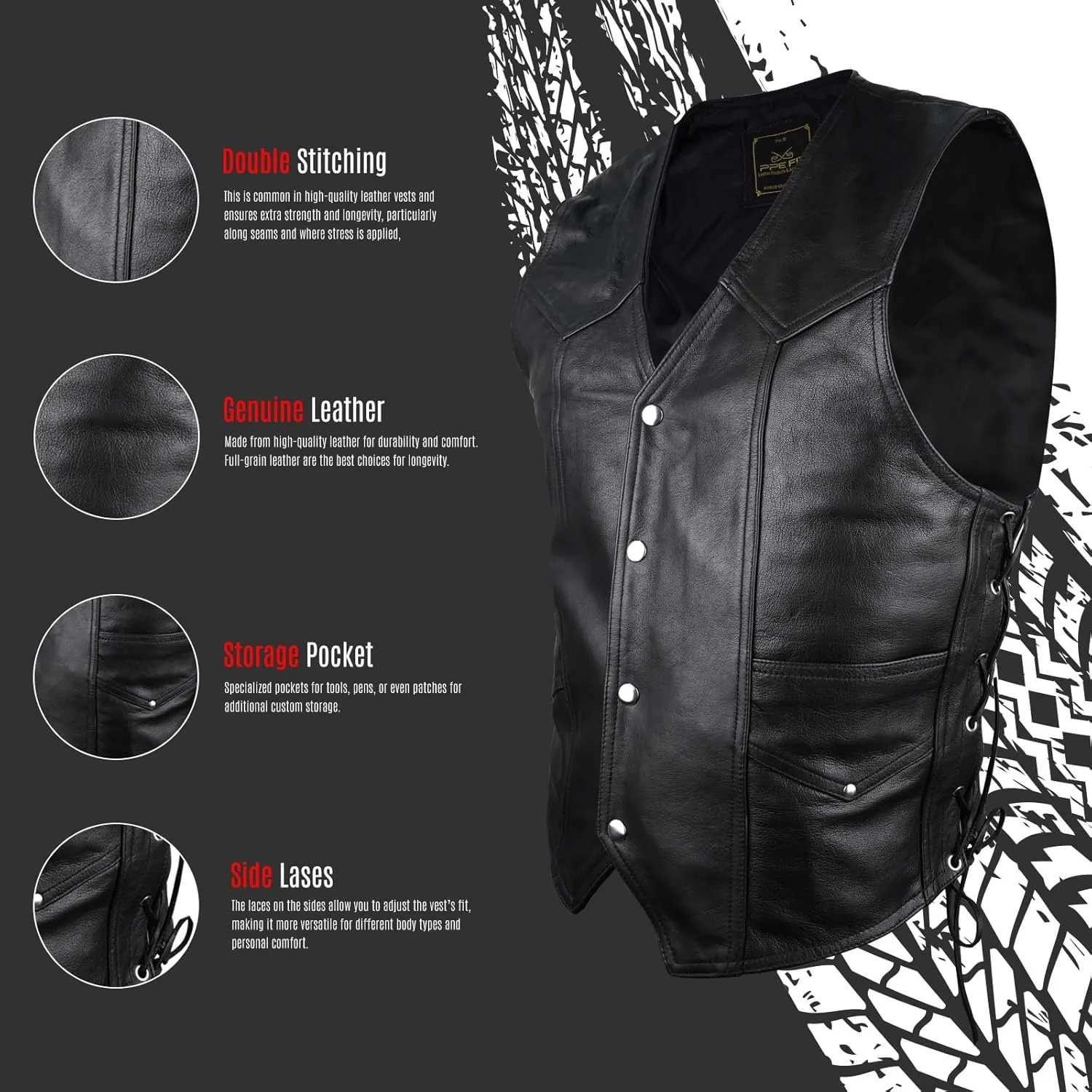 Leather Biker Vest for Men & women with Perfect Fit, Side Laces & Snaps, Inner Anti-Theft Pocket, Outer Storage Pocket