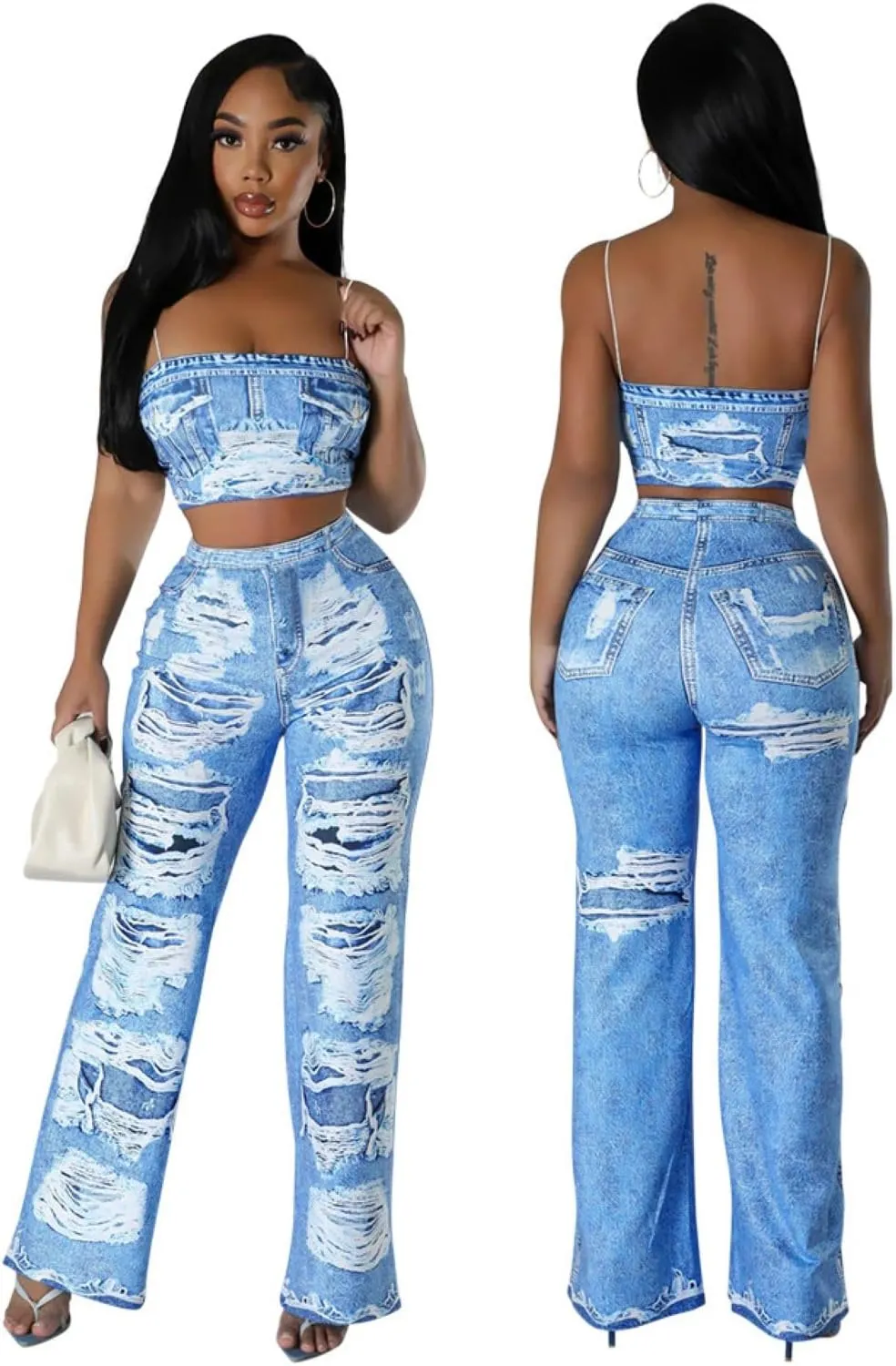 Mandonce Two Piece Sets for Women Summer Sexy Print Style Womens Camisole Wide Leg High Waisted Pants for Women