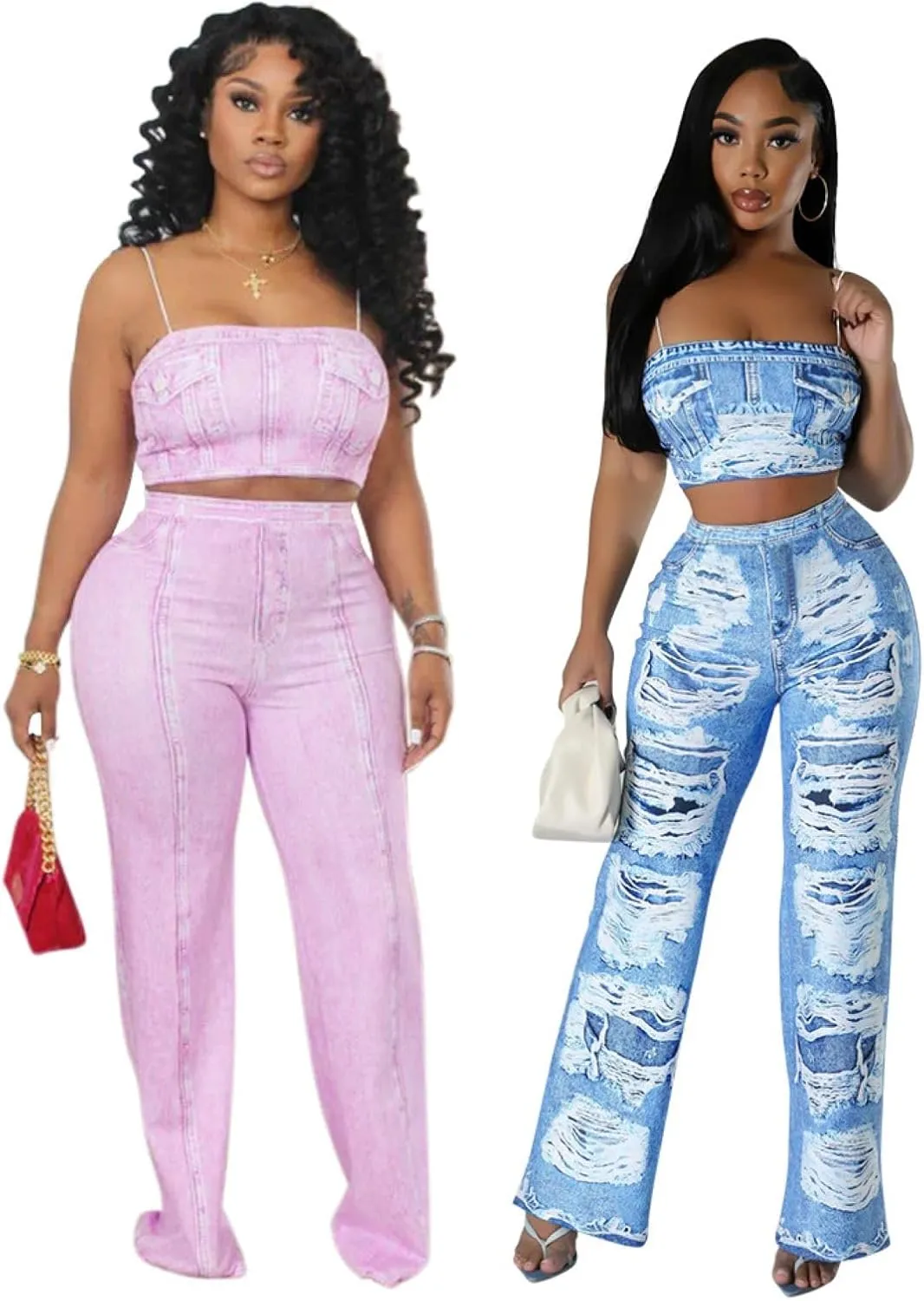 Mandonce Two Piece Sets for Women Summer Sexy Print Style Womens Camisole Wide Leg High Waisted Pants for Women