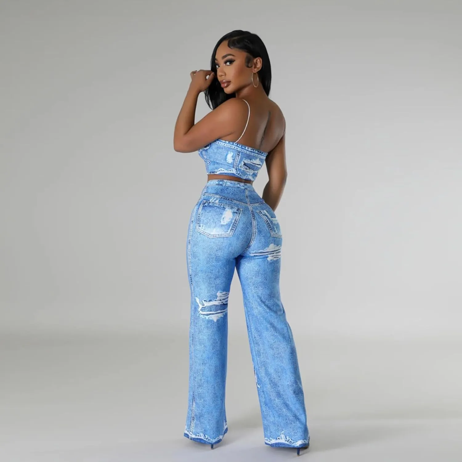 Mandonce Two Piece Sets for Women Summer Sexy Print Style Womens Camisole Wide Leg High Waisted Pants for Women