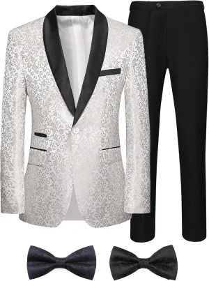 Men Suits Slim Fit 2 Pieces Sets Tuxedo Blazer Pants Shawl Lapel Printed Bow Tie for Prom Wedding Business Dinner