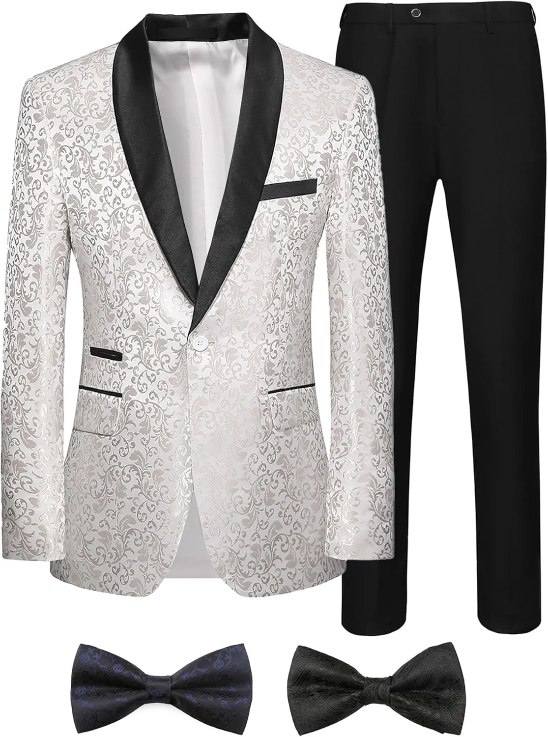 Men Suits Slim Fit 2 Pieces Sets Tuxedo Blazer Pants Shawl Lapel Printed Bow Tie for Prom Wedding Business Dinner