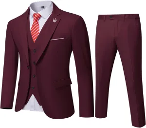 Men's 3 Pieces Slim Fit Suit Set, One Button Solid Jacket Vest Pants for Party, Business, Wedding, Homecoming