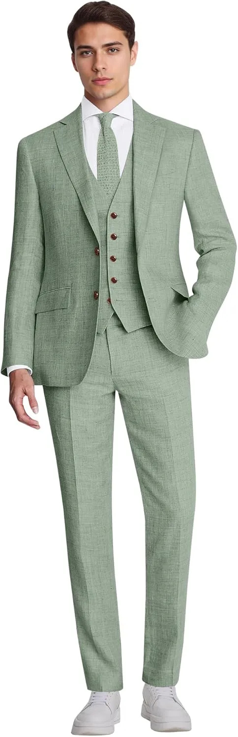 Men's Suit 3 Piece Linen Suits Slim Fit Suit Blazer Vest Pants Set Wedding Prom Tuxedos Business Casual Suit