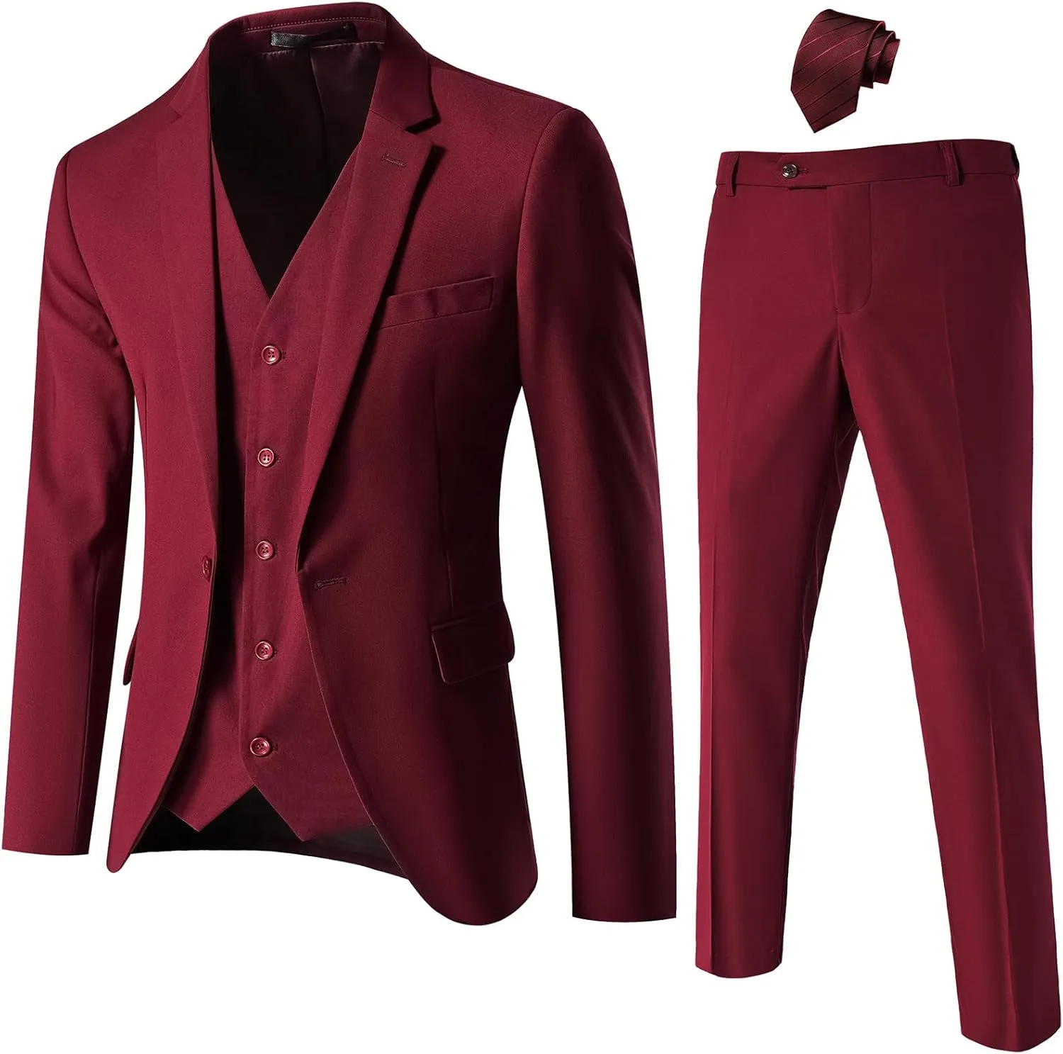 Mens Suit Slim Fit, 3 Piece Suit for Men, One Button Solid Jacket Vest Pants with Tie, Tuxedo Set