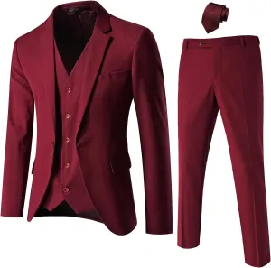 Mens Suit Slim Fit, 3 Piece Suit for Men, One Button Solid Jacket Vest Pants with Tie, Tuxedo Set