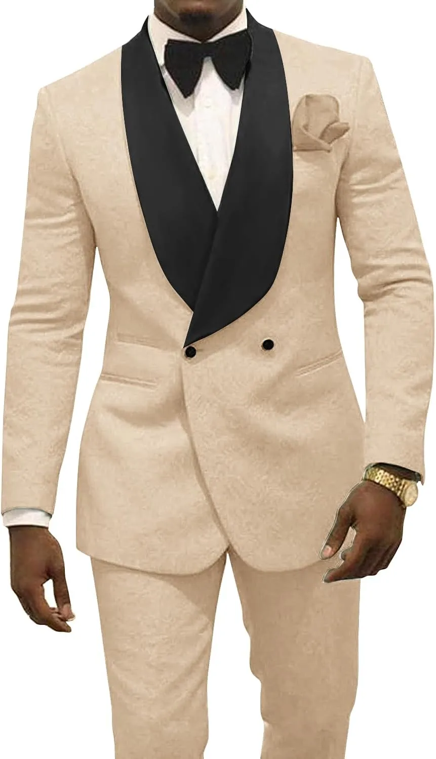 Men's Two Piece Shawl Lapel Suit Jacquard Tuxedo for Wedding Daily Business Blazer Pant Set