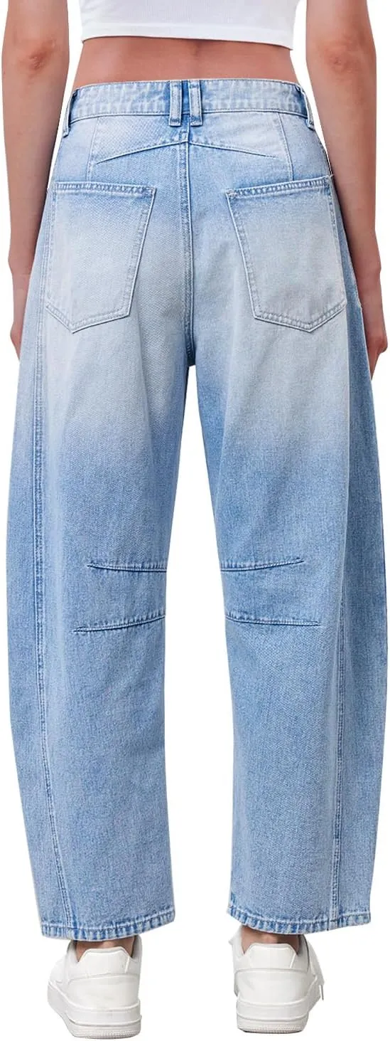 Mid Rise Barrel Jeans for Women Mid Waist Wide Leg Cropped Denim Pants Y2k Baggy Boyfriend Jeans with Pockets
