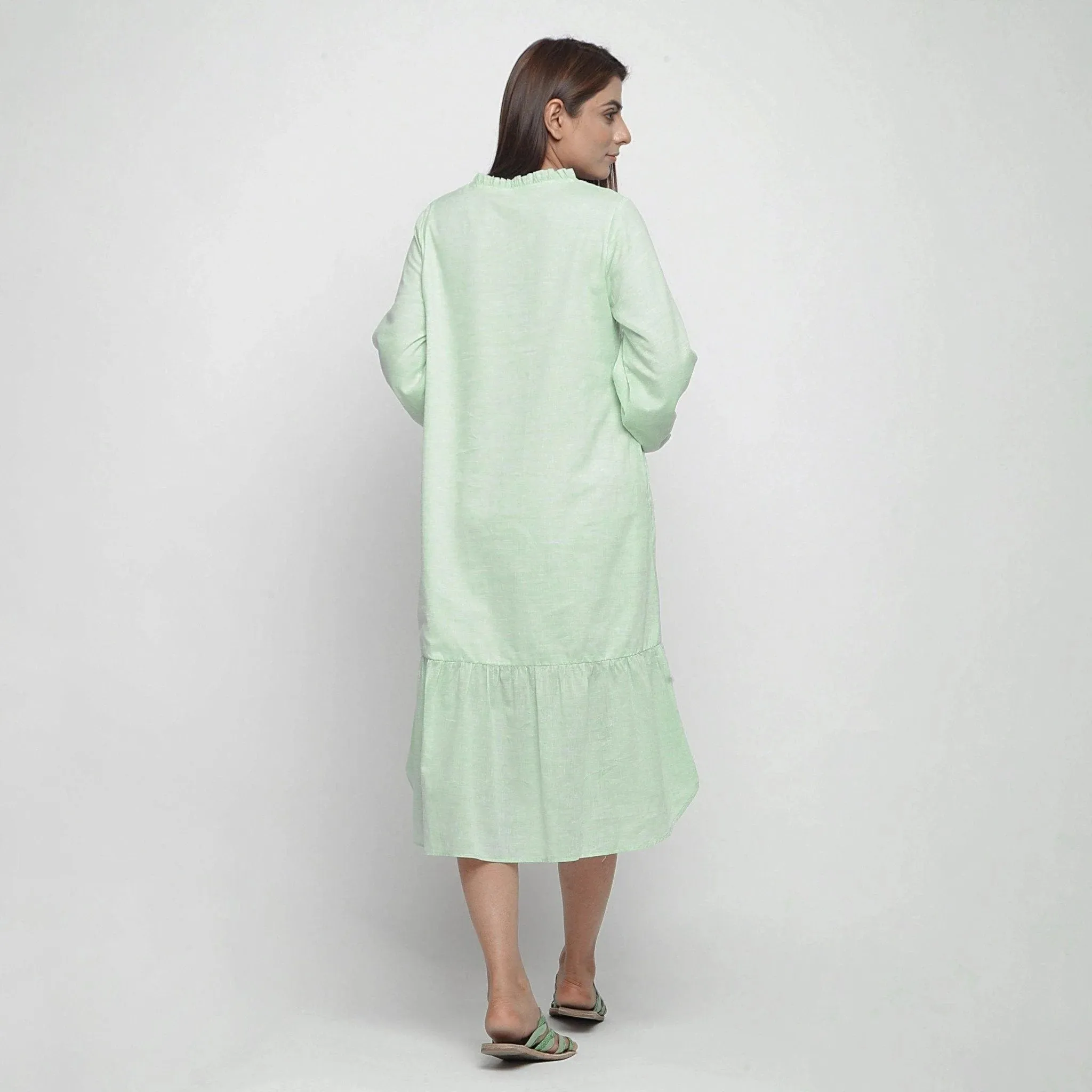Mint Green Yarn Dyed Cotton Ruffled Midi Tier Dress