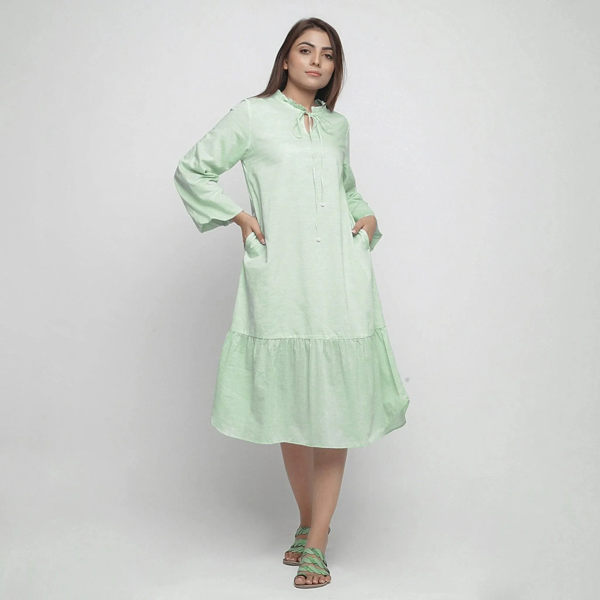 Mint Green Yarn Dyed Cotton Ruffled Midi Tier Dress