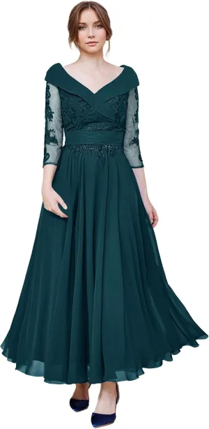 Mother of The Bride Dresses Lace V Neck Formal Evening Dress Long Sleeve Chiffon Evening Gown A Line