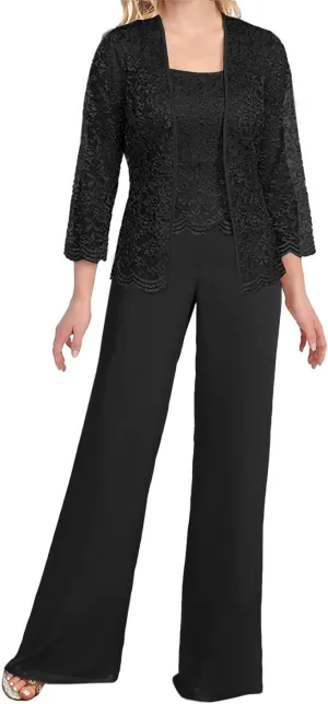 Mother of The Bride Pant Suits 3 Pieces Lace Outfit Sets for Wedding Guest Evening Party Gowns