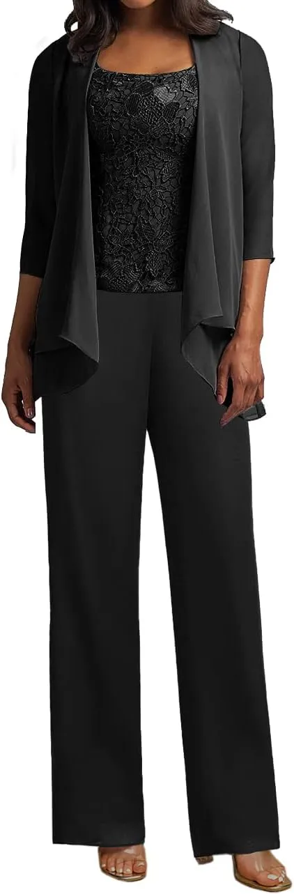 Mother of The Bride Pants Suits for Wedding Party Dresses 3 Pieces Chiffon Mother of Groom Dresses with Jacket