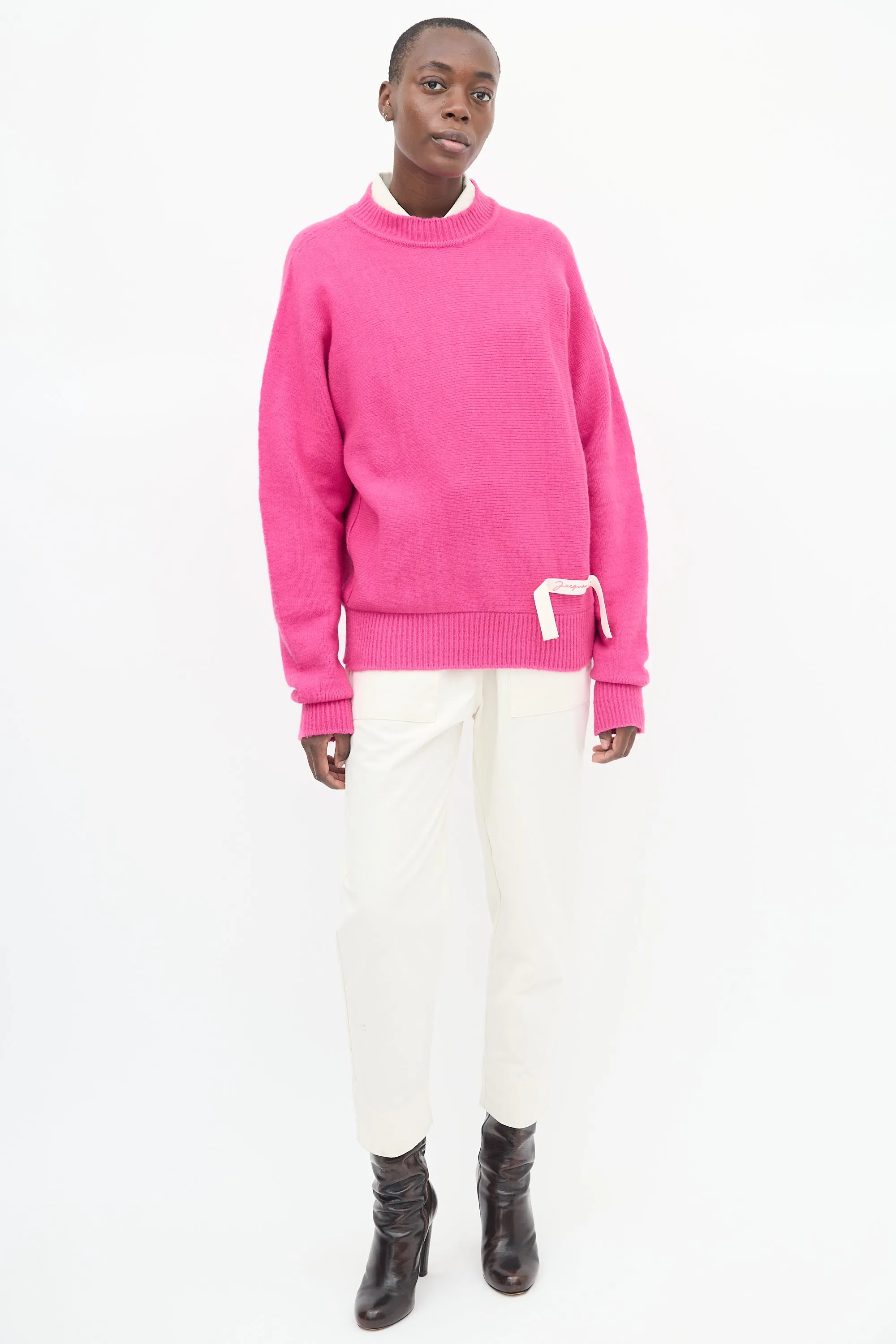 Pink Wool Grosgrain Logo Sweater