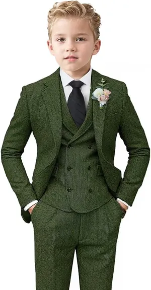 ProPoFol Boys Tweed Herringbone Suits Slim Fit Suits for Boys Tuxedo Jacket Vest Pants Set Formal Wedding Homecoming