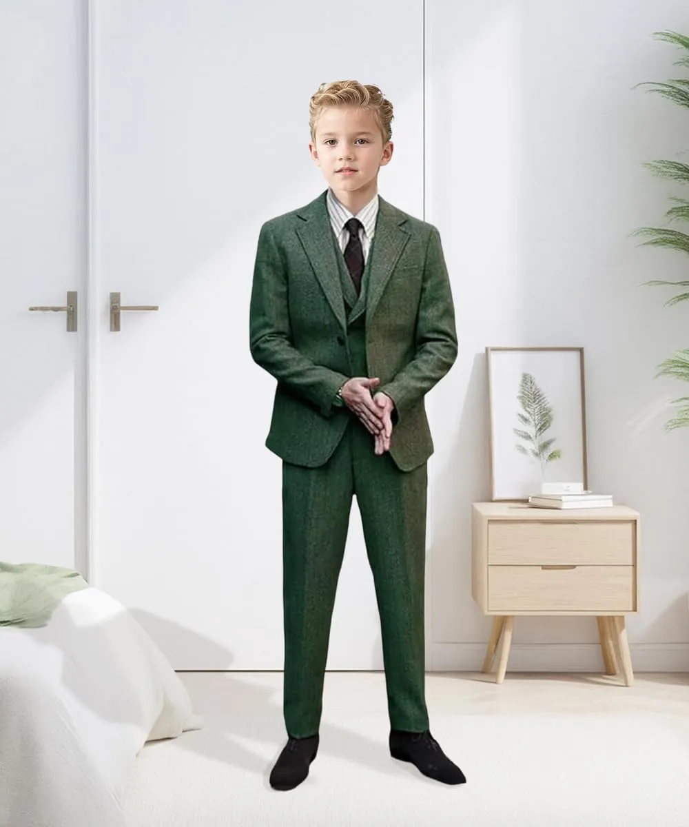 ProPoFol Boys Tweed Herringbone Suits Slim Fit Suits for Boys Tuxedo Jacket Vest Pants Set Formal Wedding Homecoming