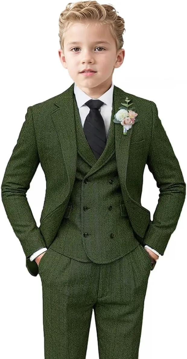 ProPoFol Boys Tweed Herringbone Suits Slim Fit Suits for Boys Tuxedo Jacket Vest Pants Set Formal Wedding Homecoming