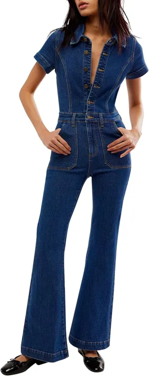Qazel Vorrlon Denim Jumpsuit for Women Flare Wide Leg Blue Jean Jumper Short Sleeve Button Stretch Long Romper Pants