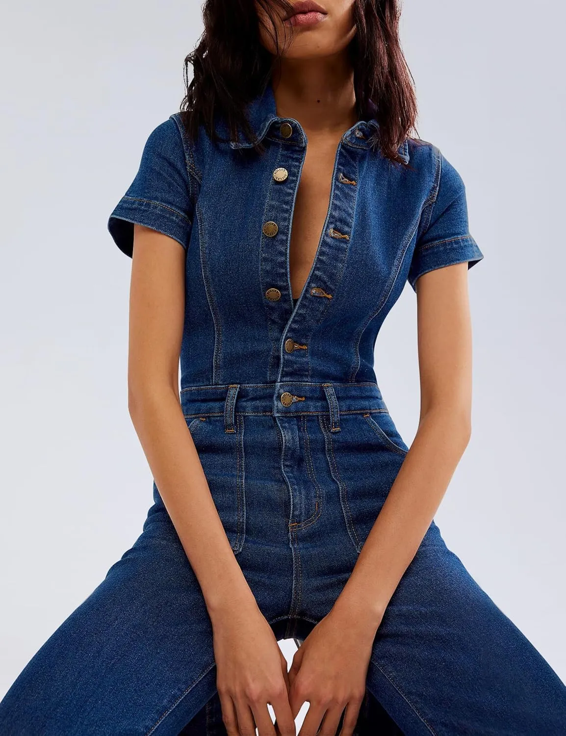 Qazel Vorrlon Denim Jumpsuit for Women Flare Wide Leg Blue Jean Jumper Short Sleeve Button Stretch Long Romper Pants