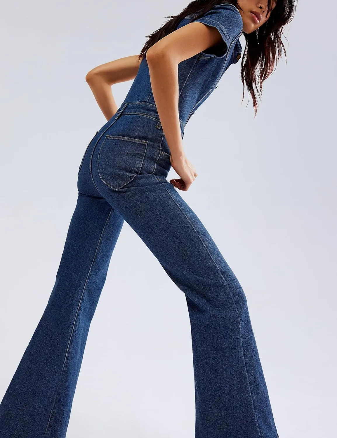 Qazel Vorrlon Denim Jumpsuit for Women Flare Wide Leg Blue Jean Jumper Short Sleeve Button Stretch Long Romper Pants