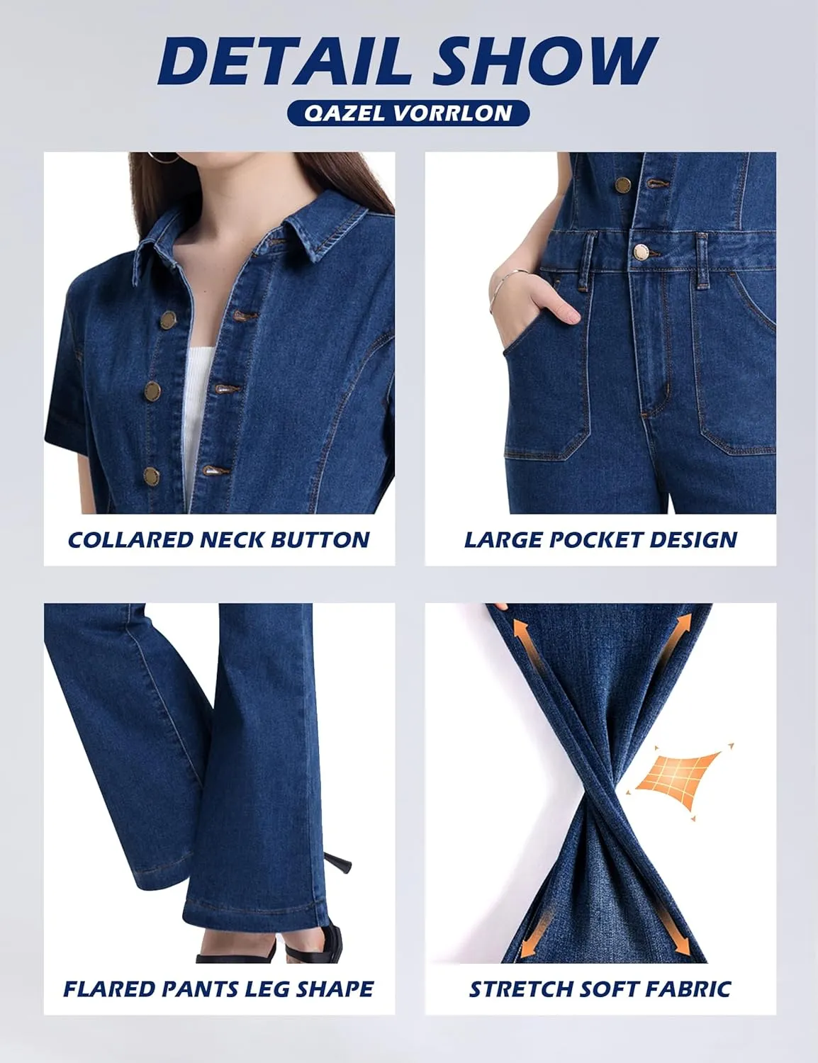 Qazel Vorrlon Denim Jumpsuit for Women Flare Wide Leg Blue Jean Jumper Short Sleeve Button Stretch Long Romper Pants