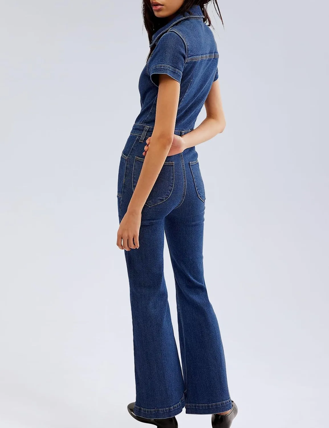 Qazel Vorrlon Denim Jumpsuit for Women Flare Wide Leg Blue Jean Jumper Short Sleeve Button Stretch Long Romper Pants