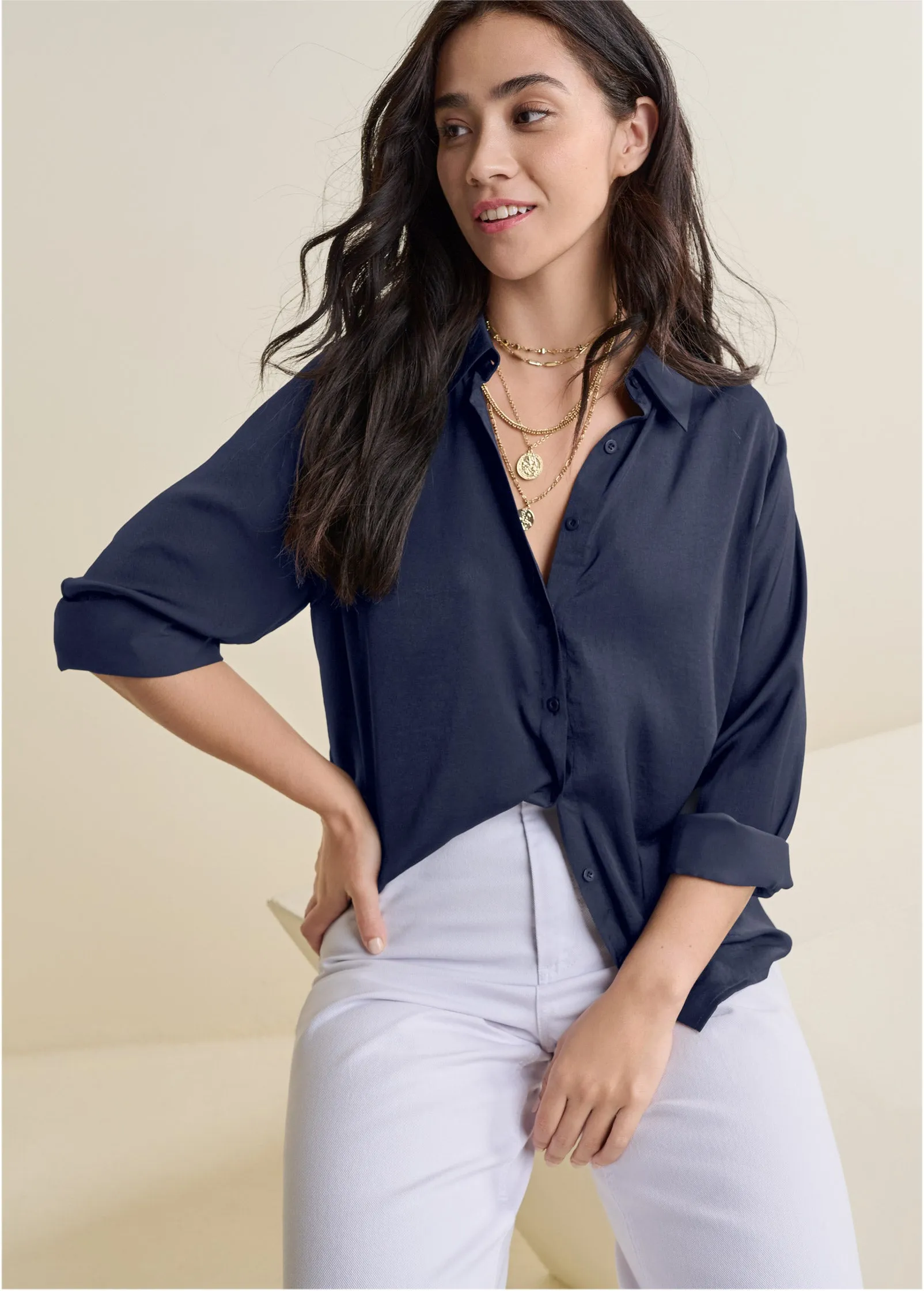 Soft Button-Down Blouse - Navy