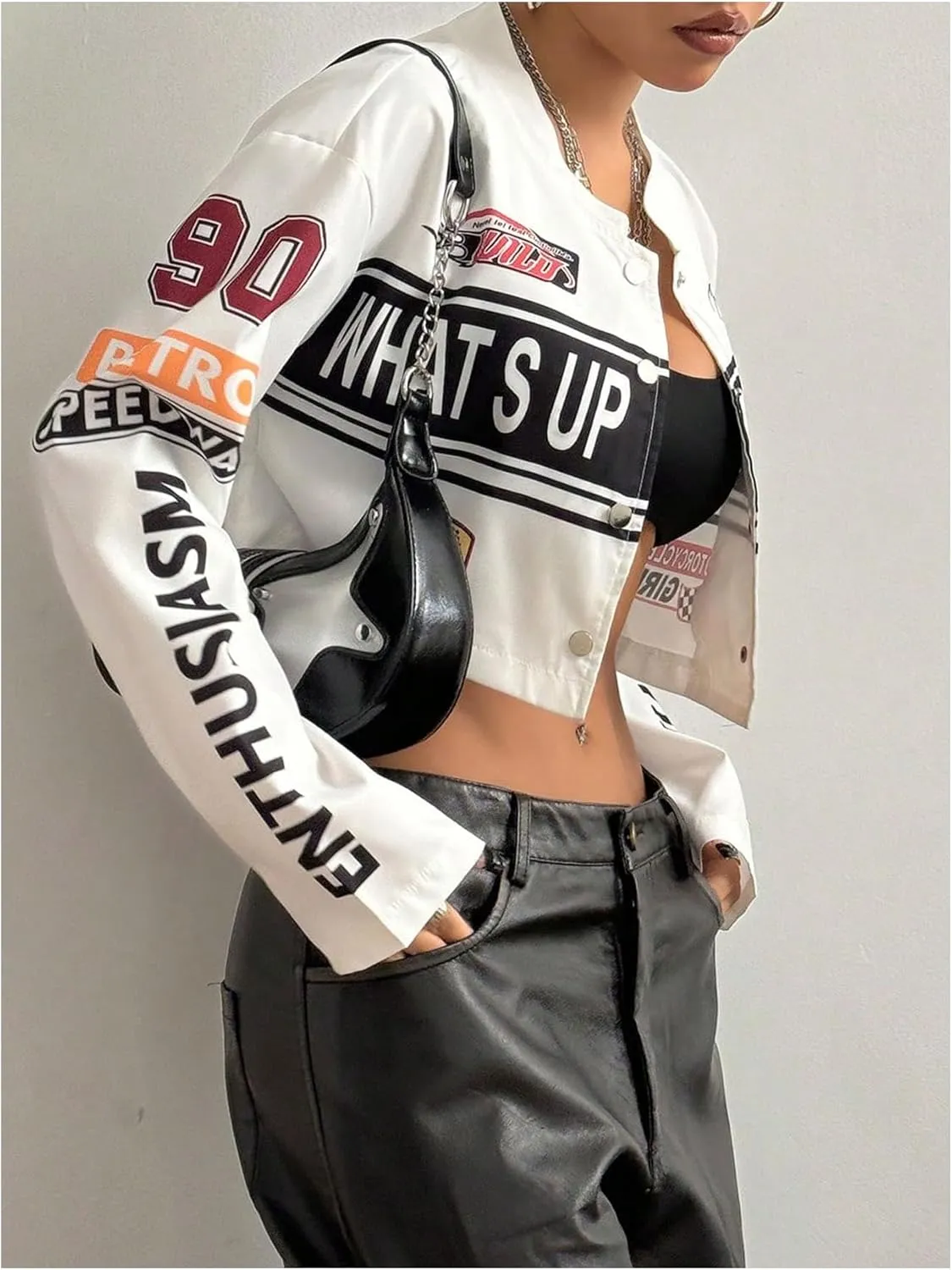 SOLY HUX Women's Letter Graphic Cropped Varsity Jacket Long Sleeve Streetwear Motorcycle Jacket