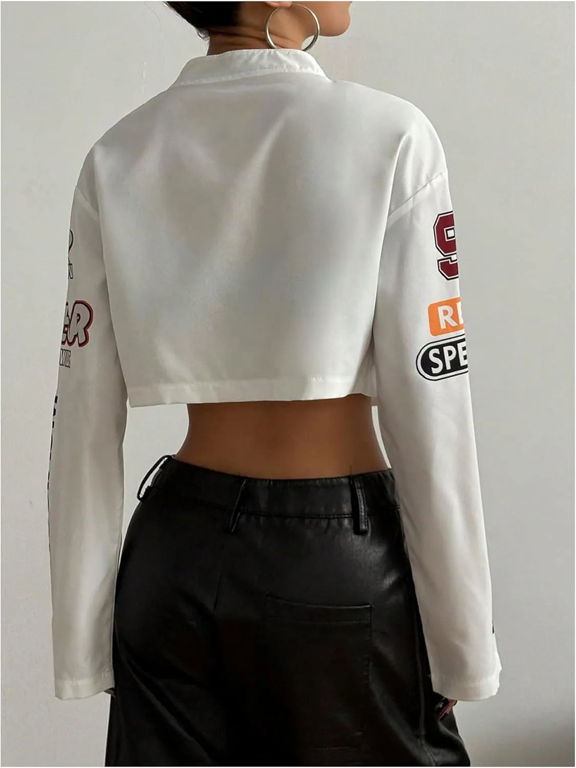 SOLY HUX Women's Letter Graphic Cropped Varsity Jacket Long Sleeve Streetwear Motorcycle Jacket