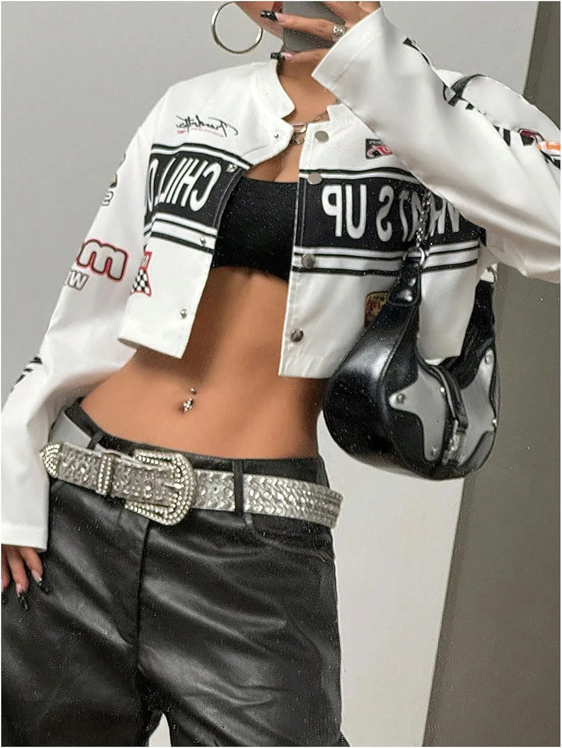 SOLY HUX Women's Letter Graphic Cropped Varsity Jacket Long Sleeve Streetwear Motorcycle Jacket