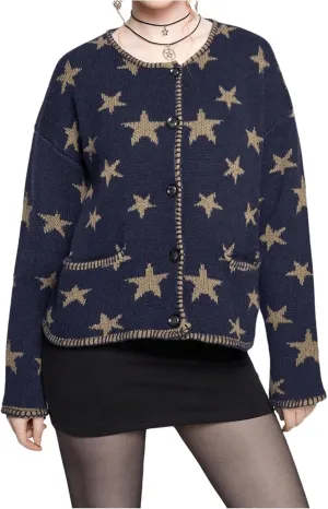 SOLY HUX Women's Star Print Cardigan Button Down Round Neck Long Sleeve Casual Sweater with Pockets