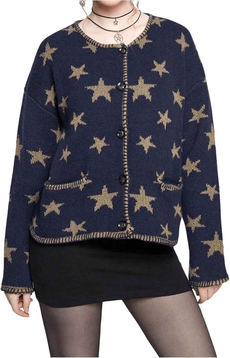 SOLY HUX Women's Star Print Cardigan Button Down Round Neck Long Sleeve Casual Sweater with Pockets