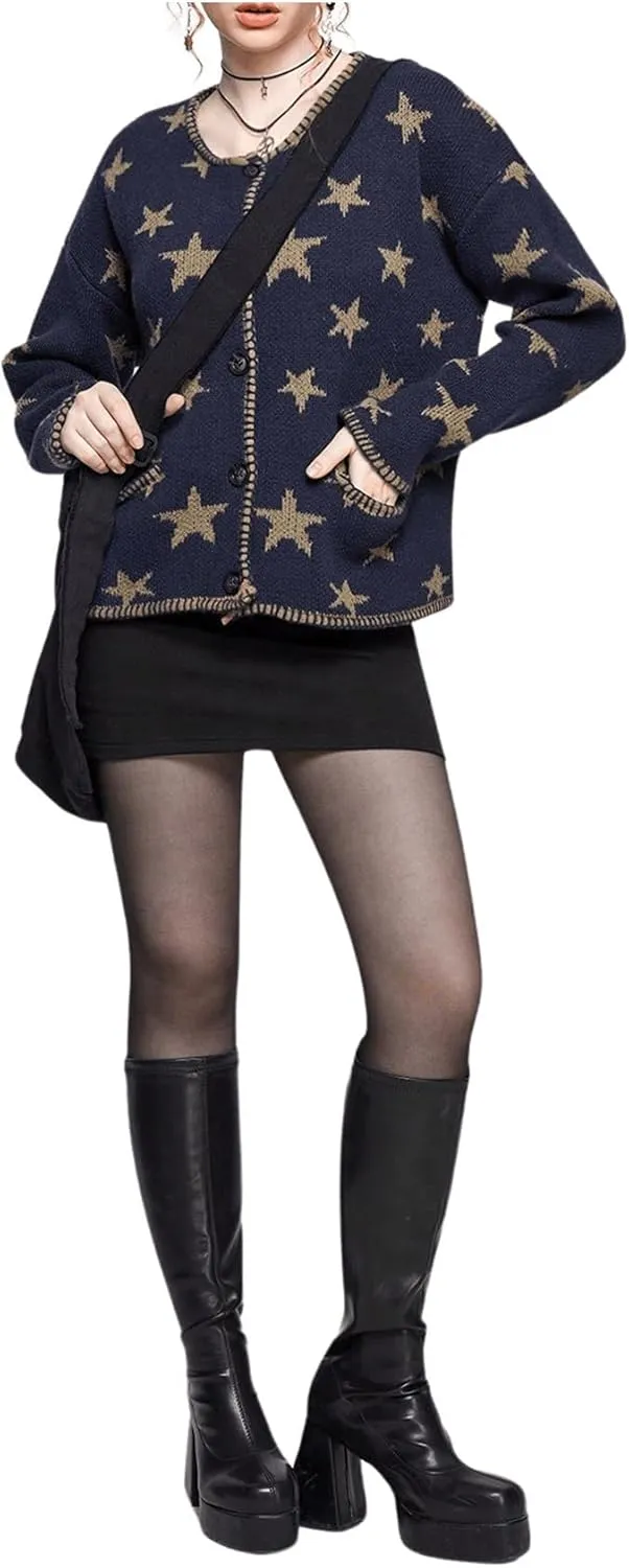 SOLY HUX Women's Star Print Cardigan Button Down Round Neck Long Sleeve Casual Sweater with Pockets