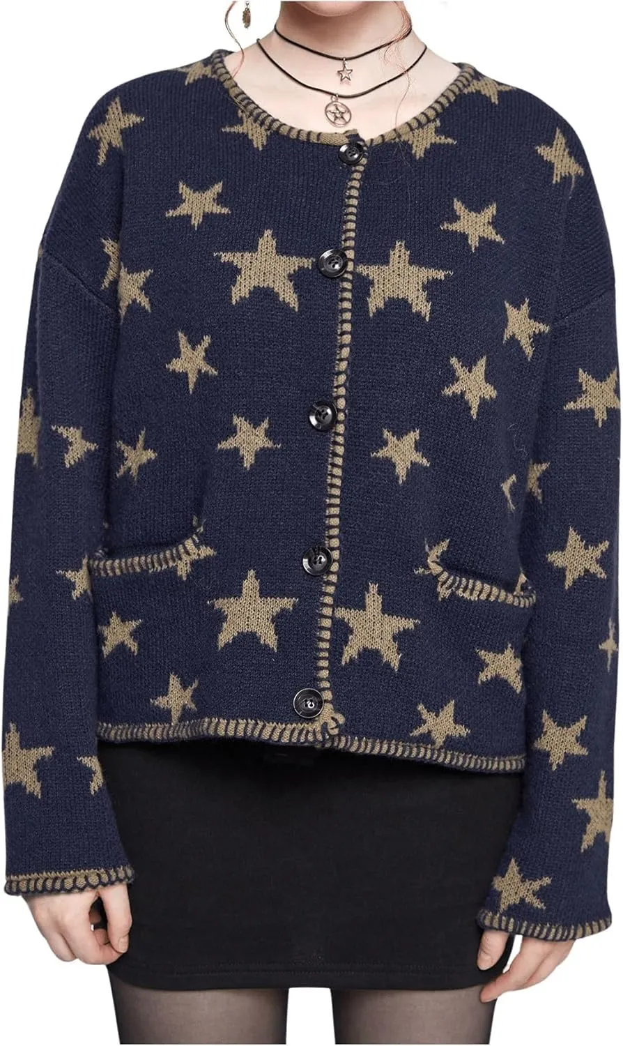 SOLY HUX Women's Star Print Cardigan Button Down Round Neck Long Sleeve Casual Sweater with Pockets