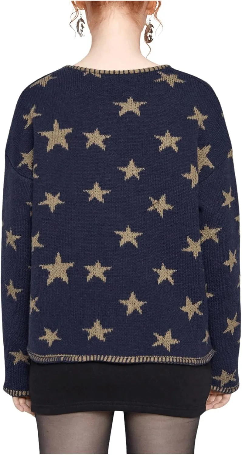SOLY HUX Women's Star Print Cardigan Button Down Round Neck Long Sleeve Casual Sweater with Pockets